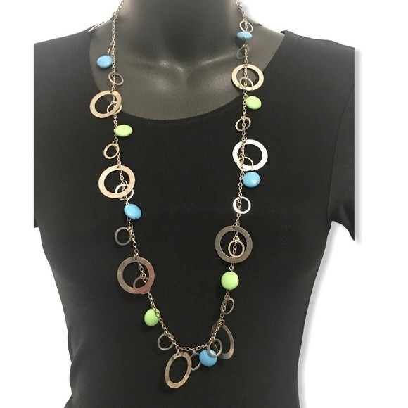 Vintage Statement necklace Shrinky Dink beads circles silver tone Turquoise - Picture 1 of 6